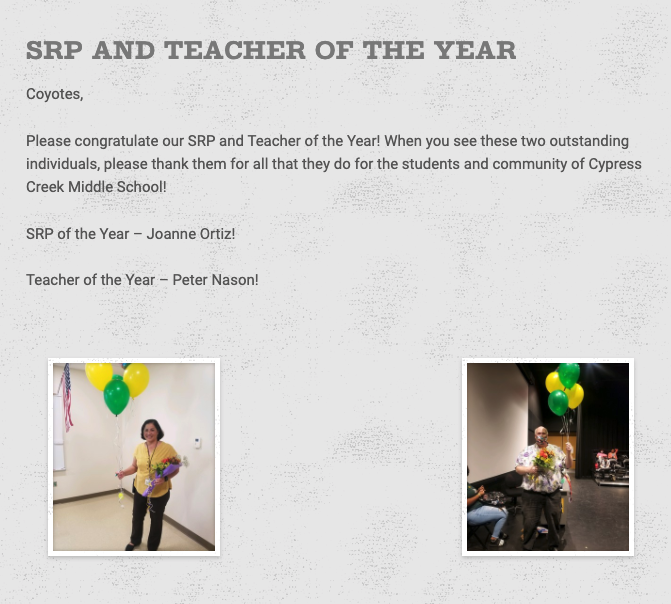 SRP AND TEACHER OF THE YEAR!